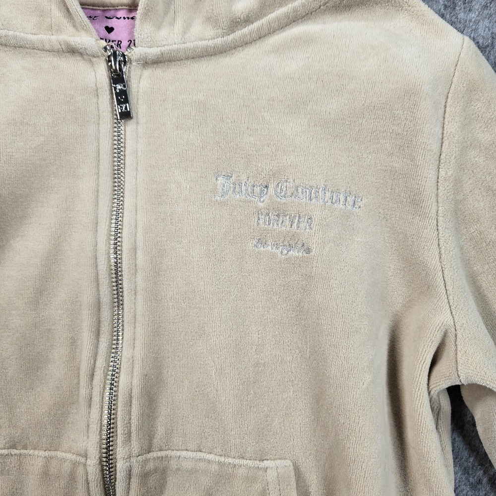 Juicy Couture Forever 21‎ Hoodie Womens Medium Beige Velour Zip Up Rhinestone - Picture 2 of 10